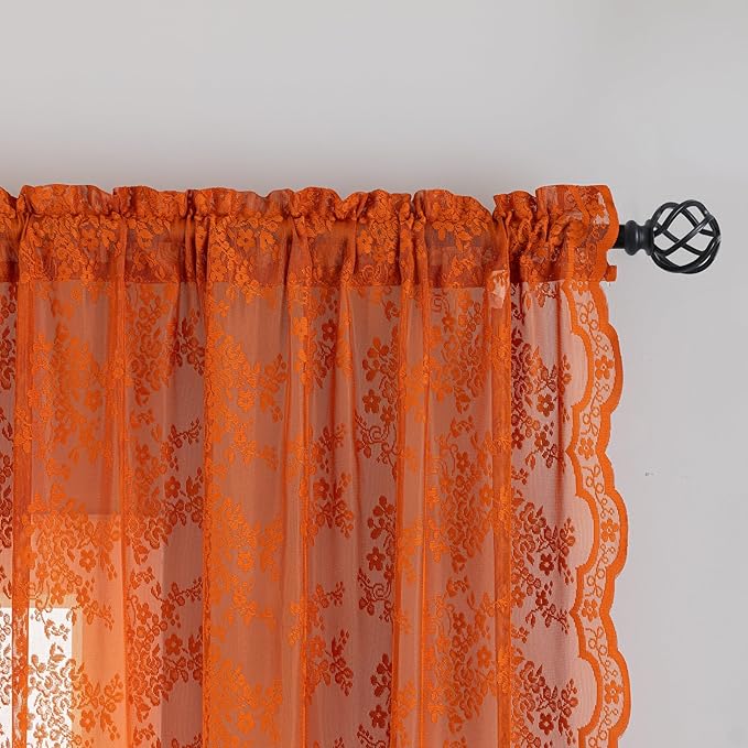 YJ YANJUN Vintage Lace Curtains 102 Inches Long-Rust Retro Floral Burnt Orange Sheer Curtain Panels for Home Office Patio Sliding Door, Rod Pocket, Boho Halloween Fall Decor 2 Panels 52W x 102L