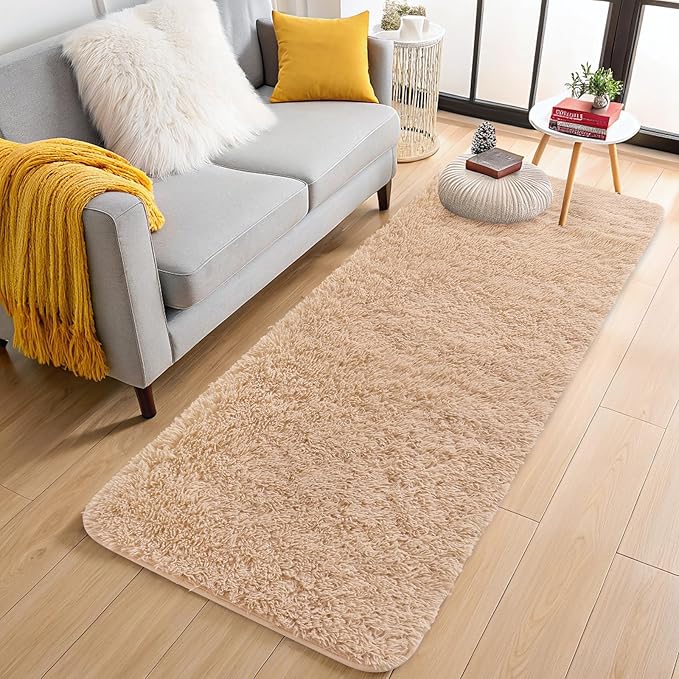 OLANLY 2x7 Machine Washable Runner Rugs for Hallway, Soft Fluffy Shaggy Bedside Rugs for Bedroom, Living Room, Indoor Floor Carpet for Kids Girls and Boys, Nursery Rooms, Home Decor Aesthetic, Beige
