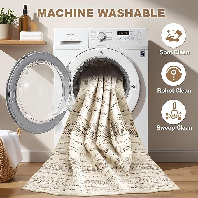 Nakagishi 7x9 Area Rug Living Room: Washable Boho Large Neutral Modern Soft Farmhouse Rugs Stain Resistant Indoor Floor Non-Slip Carpet for Bedroom Nursery Kids Playroom Office Dining Room- Brown