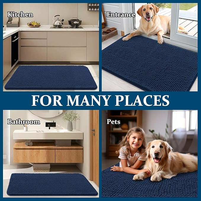 OLANLY Dog Door Mat for Muddy Paws 30x17, Absorbs Moisture and Dirt, Absorbent Non-Slip Washable Doormat, Quick Dry Chenille Mud Mat for Dogs, Entry Indoor Entryway Carpet for Inside Floor, Dark Blue