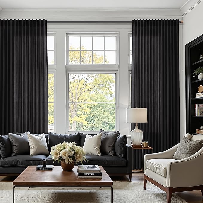 Vintage Black Linen Curtains 63 Inch Length for Living Room Light Filtering Semi Sheer Curtain Back Tab and Rod Pocket Privacy Luxury Gothic Vintage Decor Drapes for Bedroom Office 52x63, 2 Panels