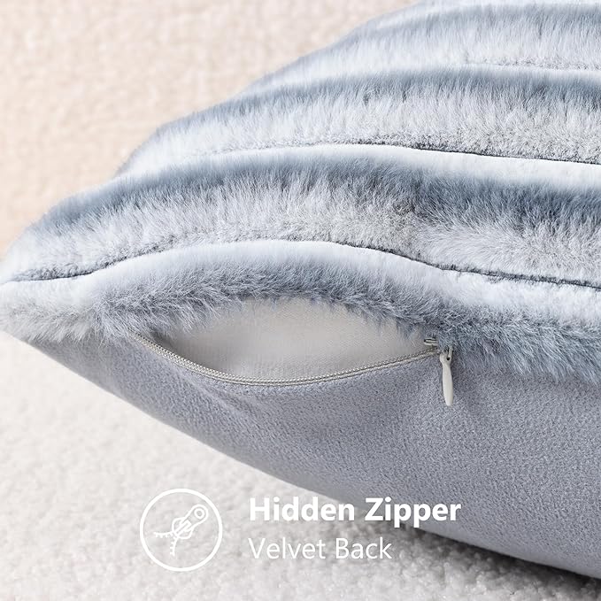 decorUhome Cozy Faux Fur Throw Pillow Covers 18x18 Set of 2 Decorative Soft Plush Striped Modern Farmhouse Boho Couch Pillow Cases with Velvet Back for Sofa Bed Living Room, Grey White
