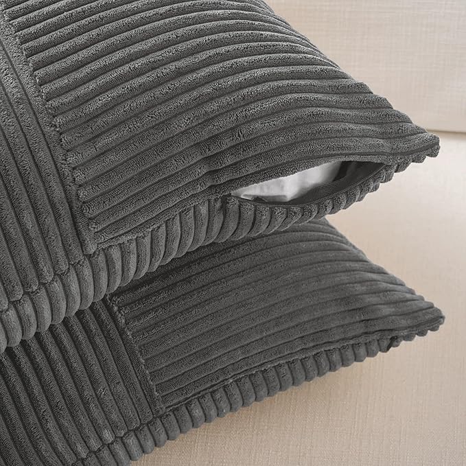 Fancy Homi 2 Packs Dark Gray Long Lumbar Decorative Throw Pillow Covers 12x24 Inch for Couch Bed Sofa, Rustic Farmhouse Boho Home Decor, Soft Striped Corduroy Rectangle Accent Cushion Case 30x60 cm