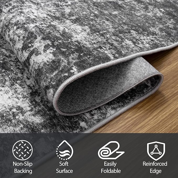 Round Rug 6ft Circle Rug Washable: Carpet Small Circular Area Rug for Entryway Kitchen Bedroom Dining Room Living Room 6 Feet Abstract College Dorm Non Slip Low Pile Black Grey