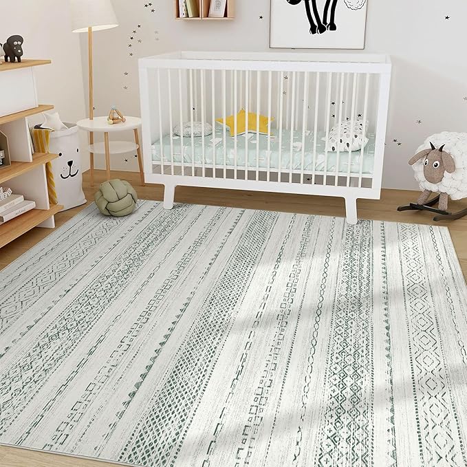 Nakagishi Green Rug Living Room 5x7: Washable Boho Large Neutral Farmhouse Soft Area Rugs Modern Stain Resistant Moroccan Indoor Non Slip Floor Carpet for Bedroom Nursery Kids Playroom Office