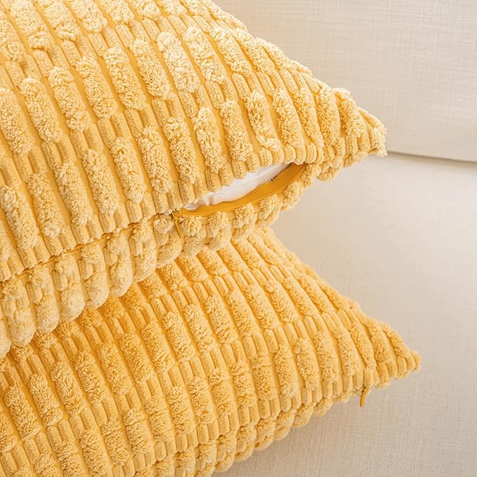 Fancy Homi Set of 4 Summer Boho Decorative Throw Pillow Covers 18x18 Inch for Couch Bed Sofa, Sage Green Yellow Room Decor, Soft Fuzzy Fluffy Cozy Corduroy Textured Cushion Case 45x45cm