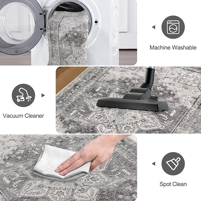 Yamaziot Washable Runner Rug, 2x5 Non-Slip Boho Vintage Hallway Rug Runner with Rubber Backing, Stain Resistant & Low Pile Faux Wool Distressed Carpet Runner for Bedroom, Kitchen, Laundry, Entrance