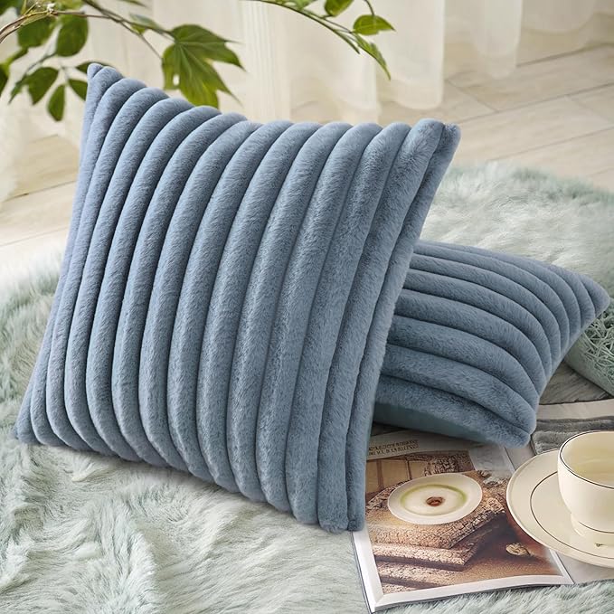 decorUhome Cozy Faux Fur Throw Pillow Covers 18x18 Set of 2 Decorative Soft Plush Striped Modern Farmhouse Boho Couch Pillow Cases with Velvet Back for Sofa Bed Living Room, Grey Blue