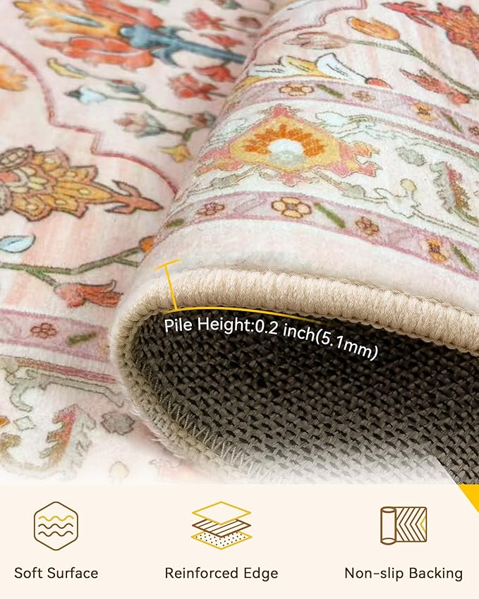 Area Rugs 8ft Washable Non-Slip, Floral Vintage Distress Print Pattern Medallion Carpet for Living Room Bedroom Dining Room, Light Pink Colorful