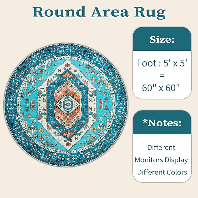 SERISSA Boho Round Area Rug, 5ft Washable Non-Slip Circle Rug, Ultra Soft Oriental Vintage Blue Low-Pile Circular Carpet for Bedroom Entryway Kids Room Office College Dorm Living Room