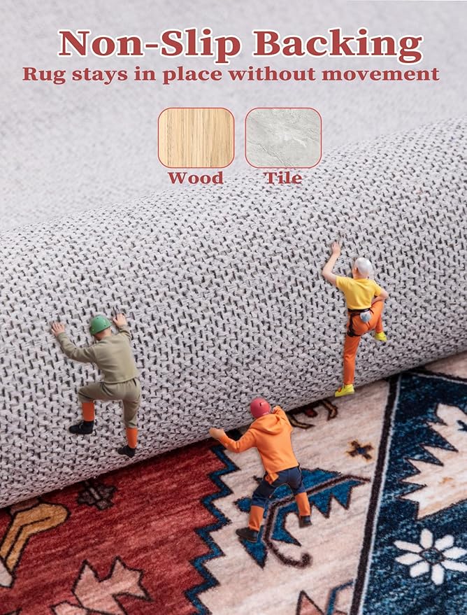SERISSA Runner Rug for Hallways, 2'6"x12' Washable Non Slip Kitchen Runner Rug, Extra Long Boho Rug Ultra Soft Vintage Rust Print Floor Carpet for Bedroom Hallway Entryway Bathroom Laundry Room