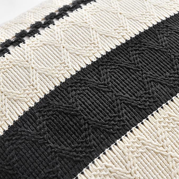 Fancy Homi Set of 1 Boho Black Decorative Throw Pillow Cover 18x18 Inch for Couch Bed Sofa, Aesthetic Modern Organic Farmhouse Home Decor, Soft Cotton Cute Accent Macrame Woven Cushion Case