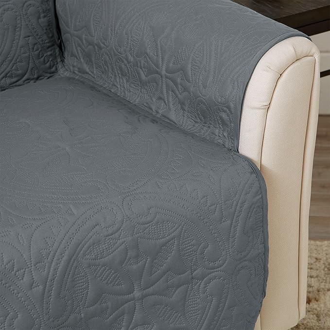 Great Bay Home Reversible Chair Cover - Washable Slipcover Furniture Protector with Elastic Straps - Perfect for Kids & Pets - Quilted & Stitched Detail (Mirage Gray/Flax)