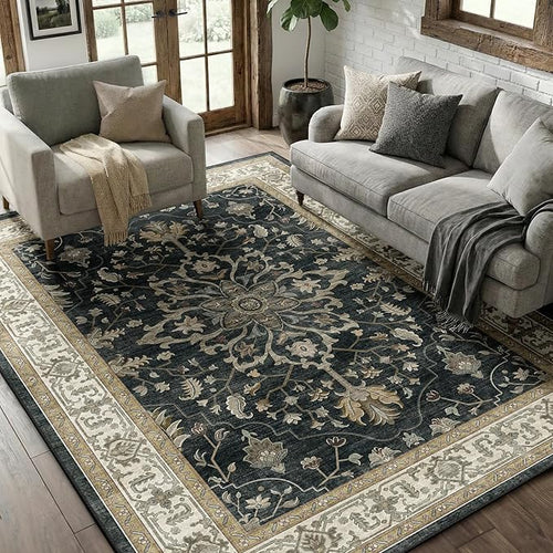 Area Rugs 5'x7' Washable Non-Slip, Floral Vintage Distress Print Pattern Medallion Carpet for Living Room Bedroom Dining Room, Vintage Black Brown Neutral