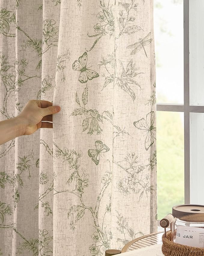 jinchan Floral Linen Curtains for Living Room 63 Inch Length Butterfly Sage Green Floral Curtains French Country Farmhouse Flower Patterned Drapes Window Treatments Set 2 Panels