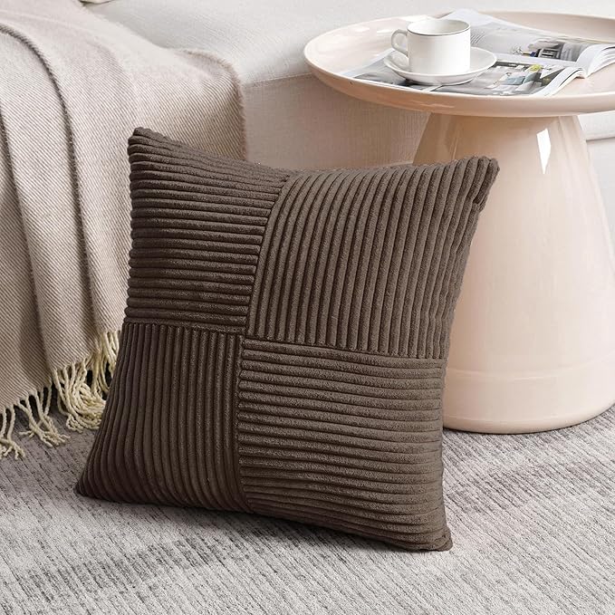 Fancy Homi 2 Packs Dark Brown Decorative Throw Pillow Covers 22x22 Inch for Living Room Couch Bed Sofa, Rustic Farmhouse Boho Home Decor, Soft Corss Corduroy Patchwork Accent Cushion Case 55x55 cm