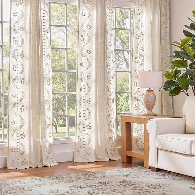 jinchan Belrose Linen Curtains for Bedroom Floral Curtains 72 Inch Length Linen Blend Beige Embroidered Drapes Farmhouse Flower Patterned Drapes for Living Room Window Treatments Set 2 Panels