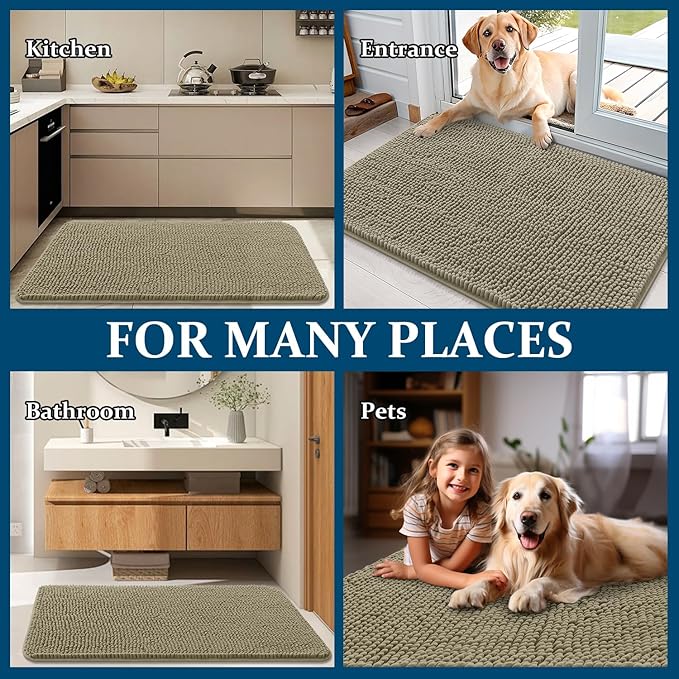 OLANLY Dog Door Mat for Muddy Paws 59x24, Absorbs Moisture and Dirt, Absorbent Non-Slip Washable Doormat, Quick Dry Chenille Mud Mat, Entry Indoor Entryway Carpet for Inside Floor, Warm Taupe