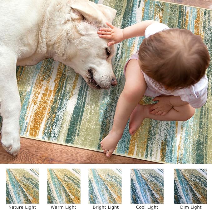 Lansny Modern Abstract Runner Rug 3x10, Green Teal Mustard Washable Kitchen Runner Non-Slip Soft Hallway Rug Runner Thin Print Faux Wool Carpet for Entryway Bedroom Indoor Home Office Decor