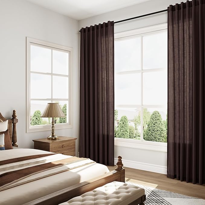 Coffee Brown Linen Curtains 84 Inch Length 2 Panels for Living Room Rod Pocket Back Tab Light Filtering Window Drapes for Bedroom Office Protect Privacy Modern Farmhouse Decor 52x84