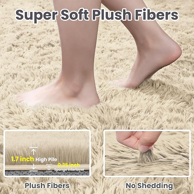5x8 Area Rugs for Living Room: Soft Fluffy Shag Beige Rugs for Bedroom, Non Slip Large Fuzzy Plush Rug Indoor Floor Carpet for Nursery Kids Boys Girls Room, Dorms, Playroom, Modern Home Decor