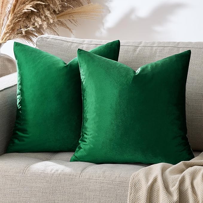 GIGIZAZA Decorative Throw Pillow Covers 20 x 20, Set of 2 Forest Green Soft Pillow Covers Velvet,Christmas Decor Square Cushion Covers