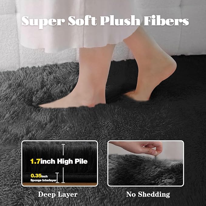 8x10 Area Rugs for Living Room: Fluffy Shag Soft Washable Rug Large Fuzzy Plush Indoor Carpet for Bedroom Nursery Playroom Kids Girls Boys Room (Black, 8'x10')
