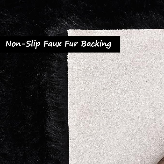Goolela Black Sheepskin Rug 3x5 for Bedroom Black Fluffy Faux Fur Rug Furry Shag Plush Soft Bedside Dorm Décor Rectangle