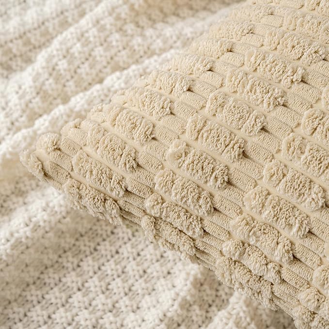MIULEE Pack of 2 Corduroy Decorative Throw Pillow Covers 18x18 Inch Soft Boho Striped Pillow Covers Modern Farmhouse Home Decor for Sofa Living Room Couch Bed Tan
