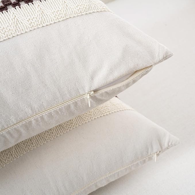Fancy Homi Set of 1 Boho Brown Big Decorative Throw Pillow Cover 24x24 Inch for Couch Bed Bedroom, Aesthetic Modern Organic Farmhouse Room Decor, Soft Cotton Accent Macrame Woven Cushion Case