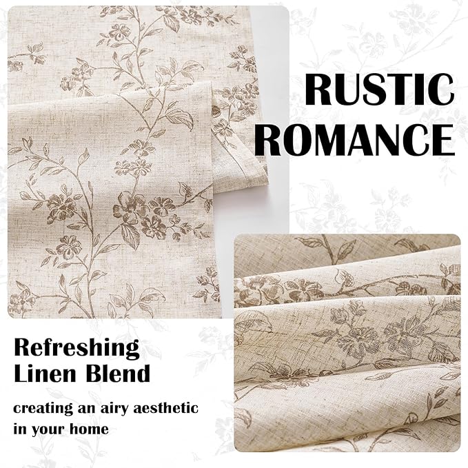 Lazzzy Taupe Floral Linen Curtains 84 Inch Farmhouse Curtain Back Tab Drapes for Living Room Bedroom Light Filtering Vintage Rod Pocket Curtains for Home, 2 Panels, Taupe on Beige