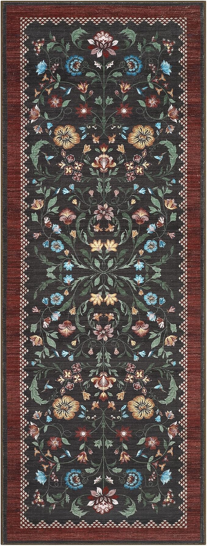 GarveeHome Floral Rug 2.5x10 Runners for Hallways, Boho Kitchen Runner Rugs Non Slip Bath Runners, Vintage Washable Runner Rug for Bedroom, Soft Long Rugs for Entryway Bathroom Laundry Dorm, Red