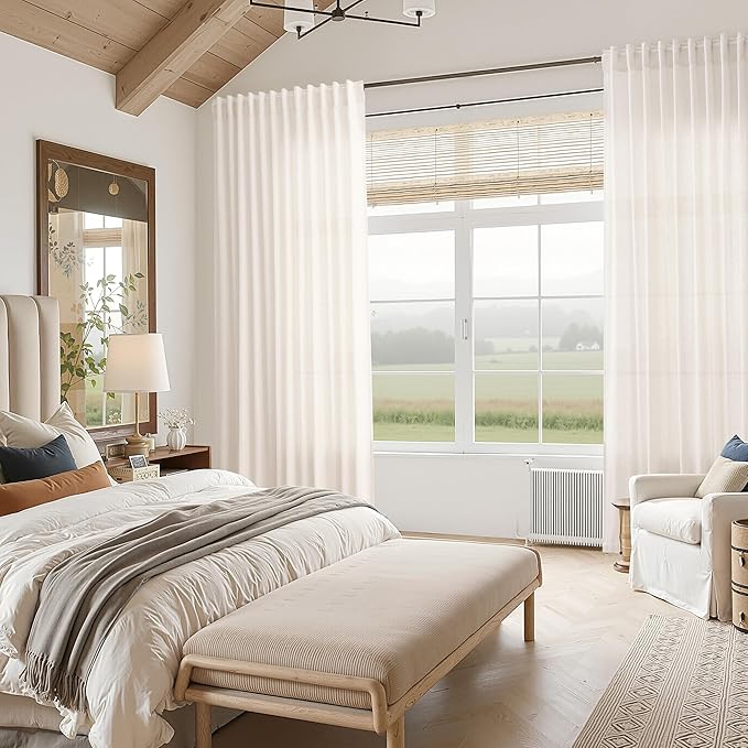 Ivory White Linen Curtains 102 Inches Long for Living Room 2 Panels Back Tab Pocket Natural Semi Sheer Extra Long Drapes Linen Soft Material Light Filtering Window Panel for Bedroom Curtain 52X102