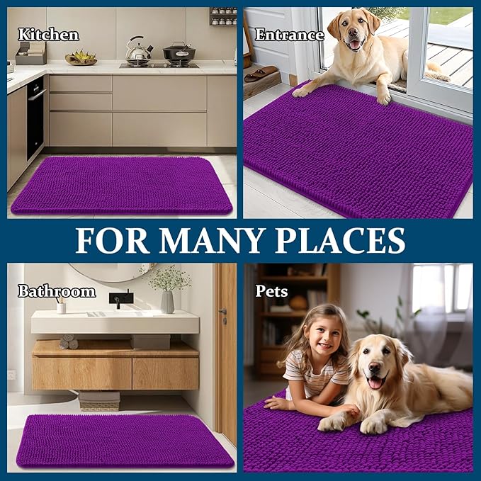 OLANLY Dog Door Mat for Muddy Paws 50x30, Absorbs Moisture and Dirt, Absorbent Non-Slip Washable Doormat, Quick Dry Chenille Mud Mat for Dogs, Entry Indoor Entryway Carpet for Inside Floor, Purple