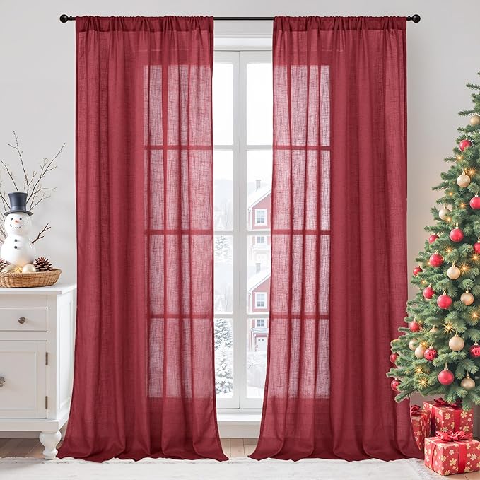 BGment 96 Inches Long Linen Curtains for Living Room, Semi Sheer Burgundy Window Drapes Textured for Bedroom Dining Light Filtering with Rod Pocket Lightweight, 2 Panels, Each 52 Inch Wide