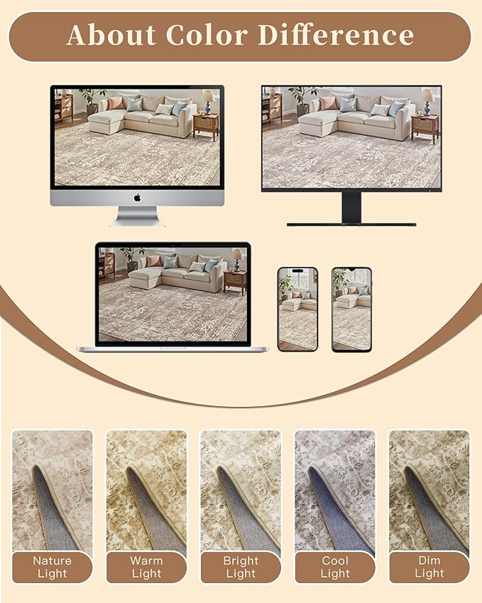 Madane 3x5 Area Rugs for Entryway,Washable Vintage Low Pile Non-Slip Throw Area Rugs, Accent Rug Floral Print Indoor Mat for Bedside Living Room Kitchen Bedroom, Beige/Brown