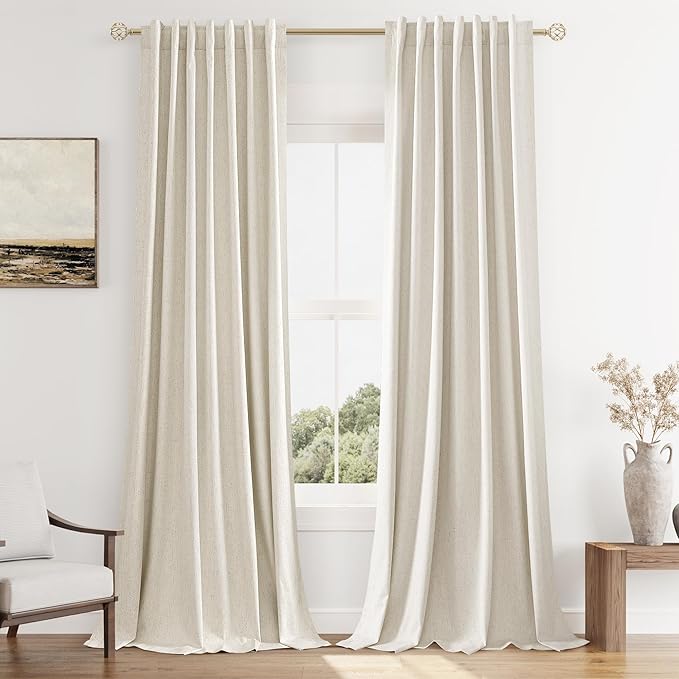 Guken 100% Blackout Linen Curtains 100 Inch Length 2 Panels Set for Living Room Bedroom Back Tab Rod Pocket Thermal Insulated Black Out Drapes Room Darkening Farmhouse Window Curtains,52x100