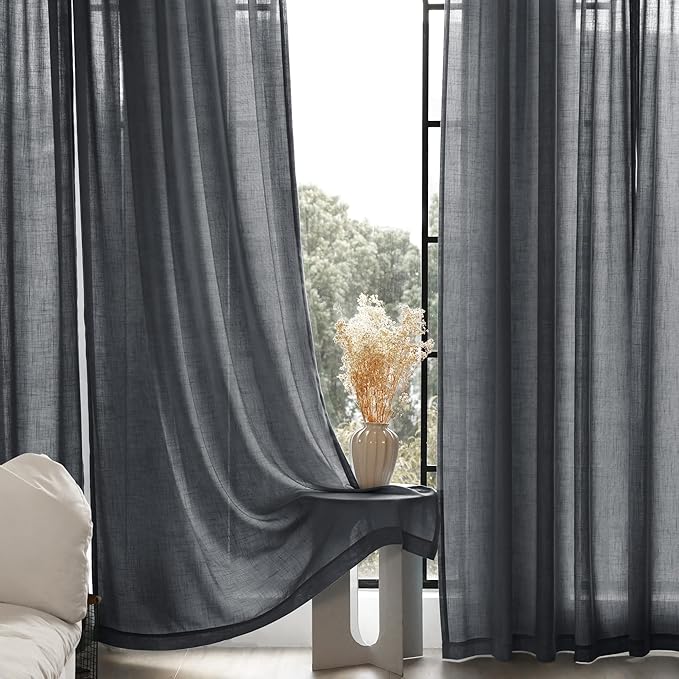 Dark Gray Curtains for Living Room Back Tab Modern Farmhouse Semi Sheer Gray Curtains 96 inches Long 2 Panels Set Muted Neutral Window Curtain for Dining Room Bedroom 52x96
