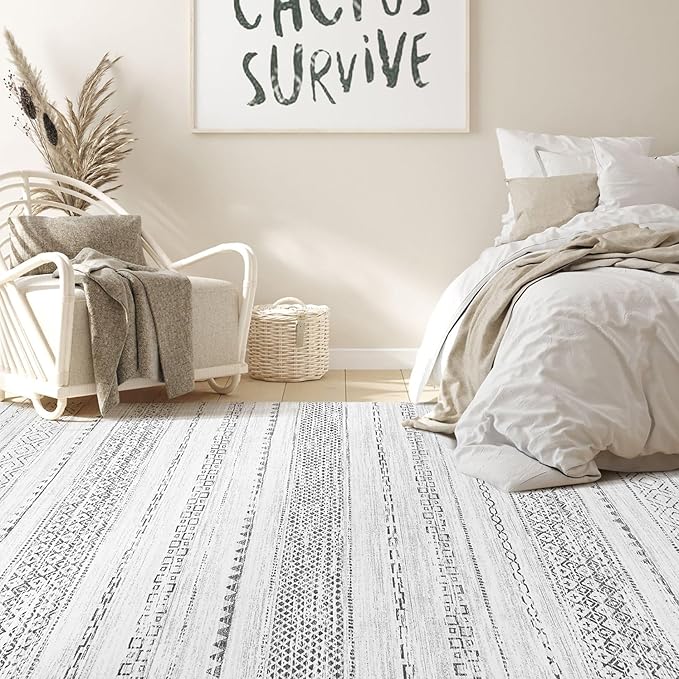 Nakagishi 9x12 Area Rug Living Room: Washable Boho Large Neutral Modern Soft Farmhouse Rugs Stain Resistant Indoor Floor Non-Slip Carpet for Bedroom Nursery Kids Playroom Office Dining Room- Grey