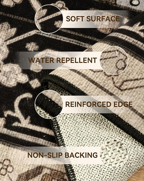 Area Rugs 9'x12' Washable Non-Slip, Floral Vintage Distress Print Pattern Medallion Carpet for Living Room Bedroom Dining Room, Black Brown Neutral Dark Tan