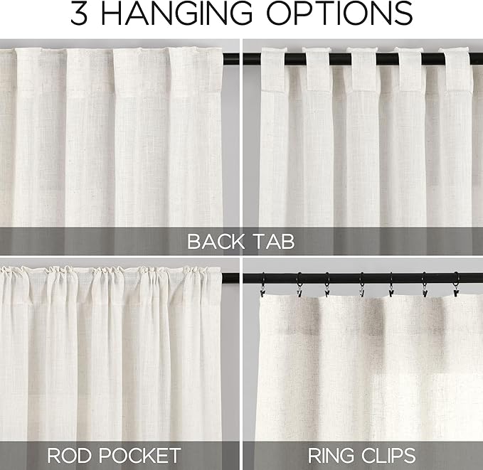 Beige White Linen Curtains 90 Inch Long 2 Panels Set for Bedroom Living Room Beige White Soft Linen Textured Window Drapes Semi Sheer Light Filtering Rod Pocket Back Tab Farmhouse Curtain 52x90