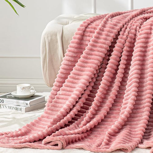 BEDELITE Fleece Blanket King Size – 3D Ribbed Jacquard Soft and Warm Decorative Fuzzy Blankets – Cozy, Fluffy, Plush Lightweight Throw Blankets for Couch, Bed, Sofa(Pink, 108x90 inches)