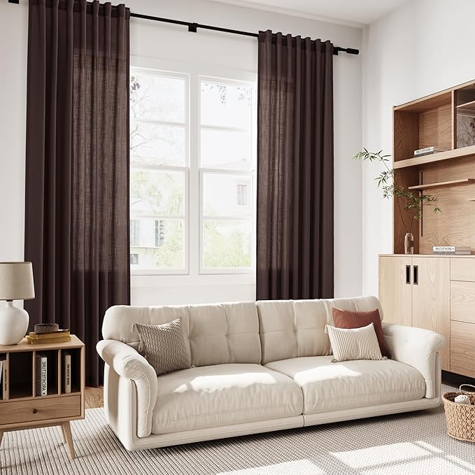 Coffee Brown Linen Curtains 132 Inch Length for Living Room Light Filtering Semi Sheer Curtain Back Tab Modern Rustic Home Decor Neutral Drapes Floor to Ceiling High Window for Bedroom 52x132,2 Panels