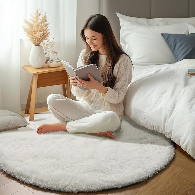 ONASAR Cream White Round Rugs 5ft for Bedroom Living Room, Ivory Fluffy Circle Area Rug for Kids Girls Boys Teen, Soft Plush Shaggy Carpet for Nursery Dorm Classroom Playroom Home Decor Aesthetic