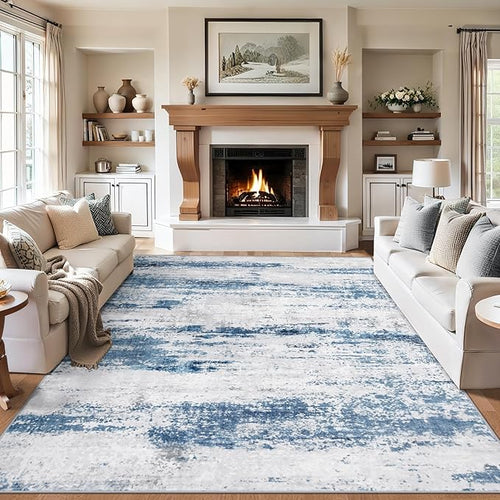 Area Rugs 9x12 Living Room - Washable Rug Modern Abstract Soft Large Neutral Non-Slip Carpet Indoor Floor Thin Carpets for Bedroom Dining Room Farmhouse Nursery Home Office White Blue Grey