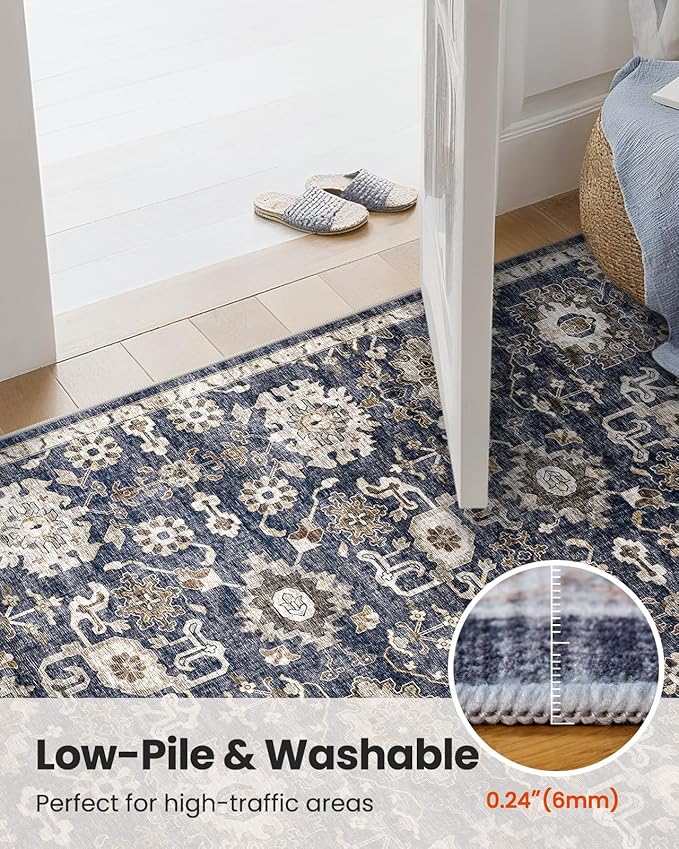 AMADA HOMEFURNISHING 8x10 Washable Area Rug, Low-Profile Large Area Rug with Non-Slip Backing & Durable Edge Binding, Vintage Large Rugs for Living Room, Bedroom, Dinning Room