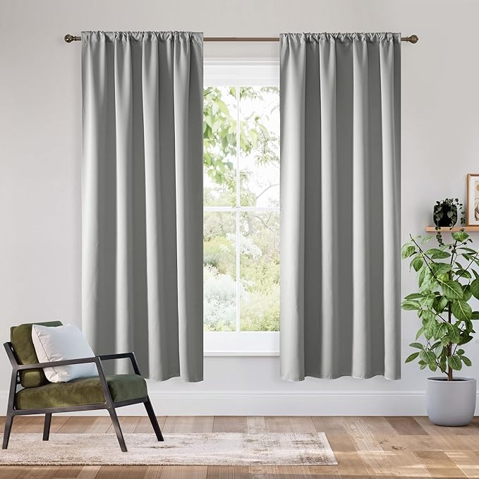 RYB HOME Bedroom Blackout Curtains 72 inches Long, 100% Blackout Thermal Insulated Noise Reducing Curtains for Living Room Nursury, 34 inches Wide by 72 inches Long, Silver Grey