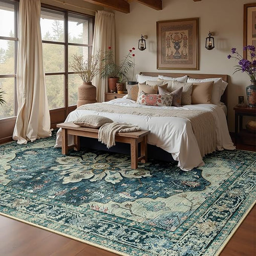 Area Rugs 8'x10' Washable Non-Slip, Floral Vintage Distress Print Pattern Medallion Carpet for Living Room Bedroom Dining Room, Dark Blue Vintage