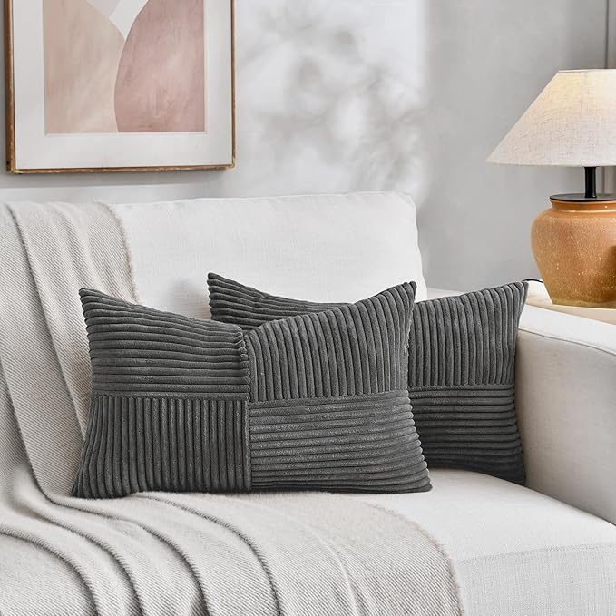 Fancy Homi 2 Packs Dark Gray Lumbar Decorative Throw Pillow Covers 16x26 Inch for Livingroom Couch, Rustic Farmhouse Boho Home Decor, Soft Striped Corduroy Rectangle Accent Peach Cushion Case 65x40 cm
