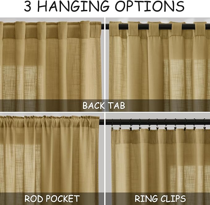 Gold Linen Curtains 63 Inches Long 2 Panel Sets for Living Room Bedroom Rod Pocket Back Tab Light Filtering Drape for Kitchen Window Short Protect Privacy Curtain Modern Farmhouse Decor 52x63